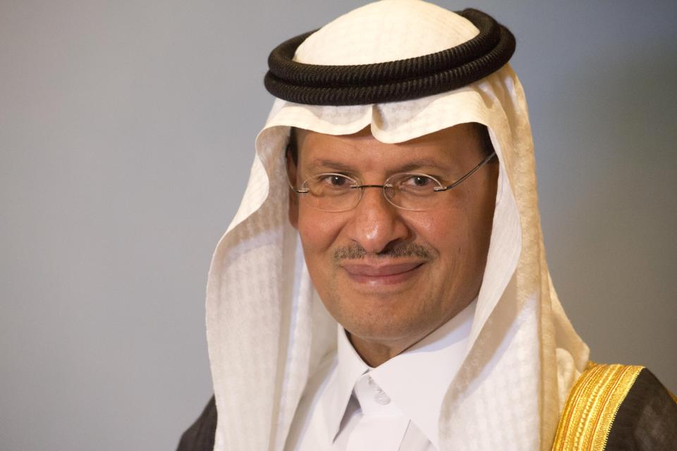 Saudi Energy Minister Prince Abdulaziz bin Salman leaves a news conference that followed an OPEC meeting in Abu Dhabi, United Arab Emirates, Thursday, Sept. 12, 2019. OPEC's Joint Ministerial Monitoring Committee met Thursday in Abu Dhabi as estimates of lowered crude oil demand in 2020 have the cartel considering additional production cuts. Before the meeting started, Prince Abdulaziz again called for "cohesiveness" in OPEC. (AP Photo/Jon Gambrell)