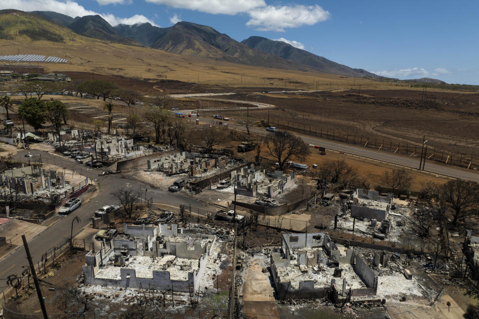 A general view shows the aftermath of a devastating wildfire in Lahaina, Hawaii, Tuesday, Aug. 22, 2023. Two weeks after the deadliest U.S. wildfire in more than a century swept through the Maui community of Lahaina, authorities say anywhere between 500 and 1,000 people remain unaccounted for. (AP Photo/Jae C. Hong)