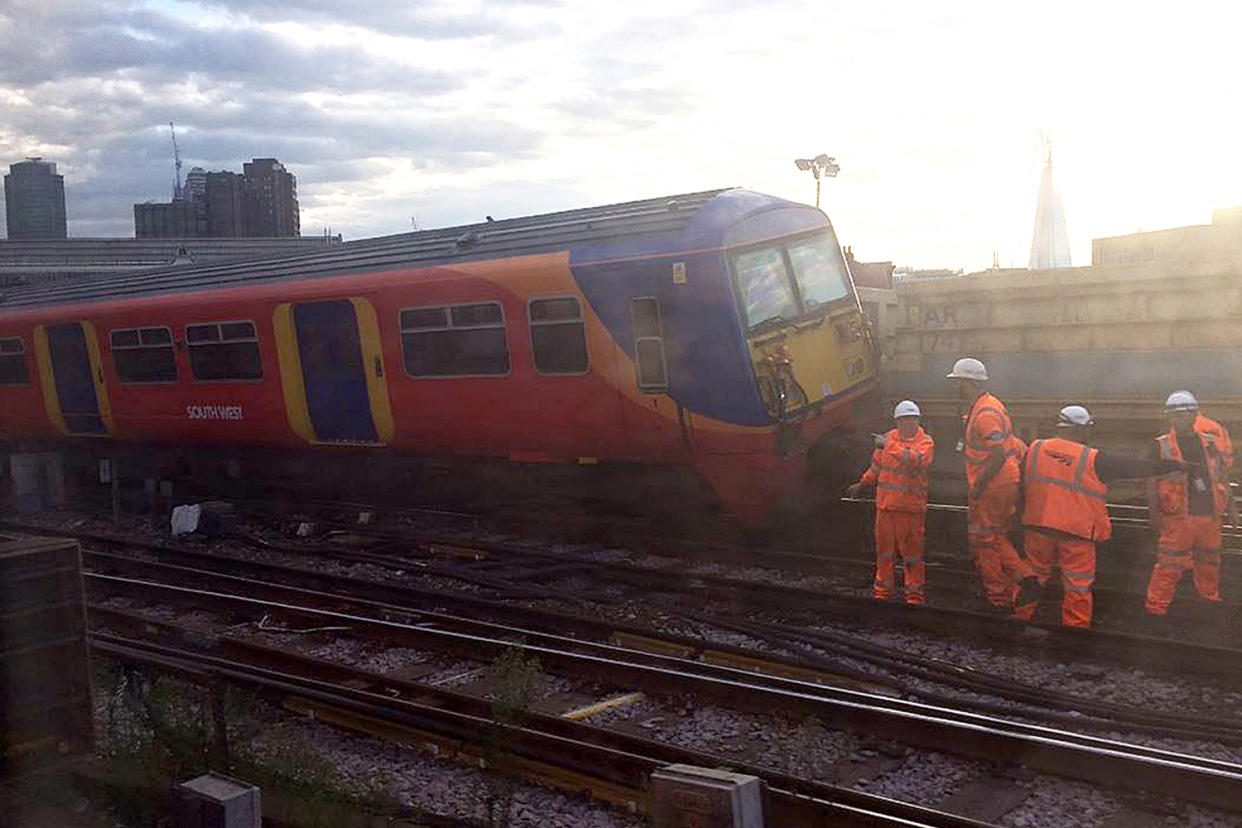 Derailed: the train after the crash at Waterloo: @goonerbec/PA