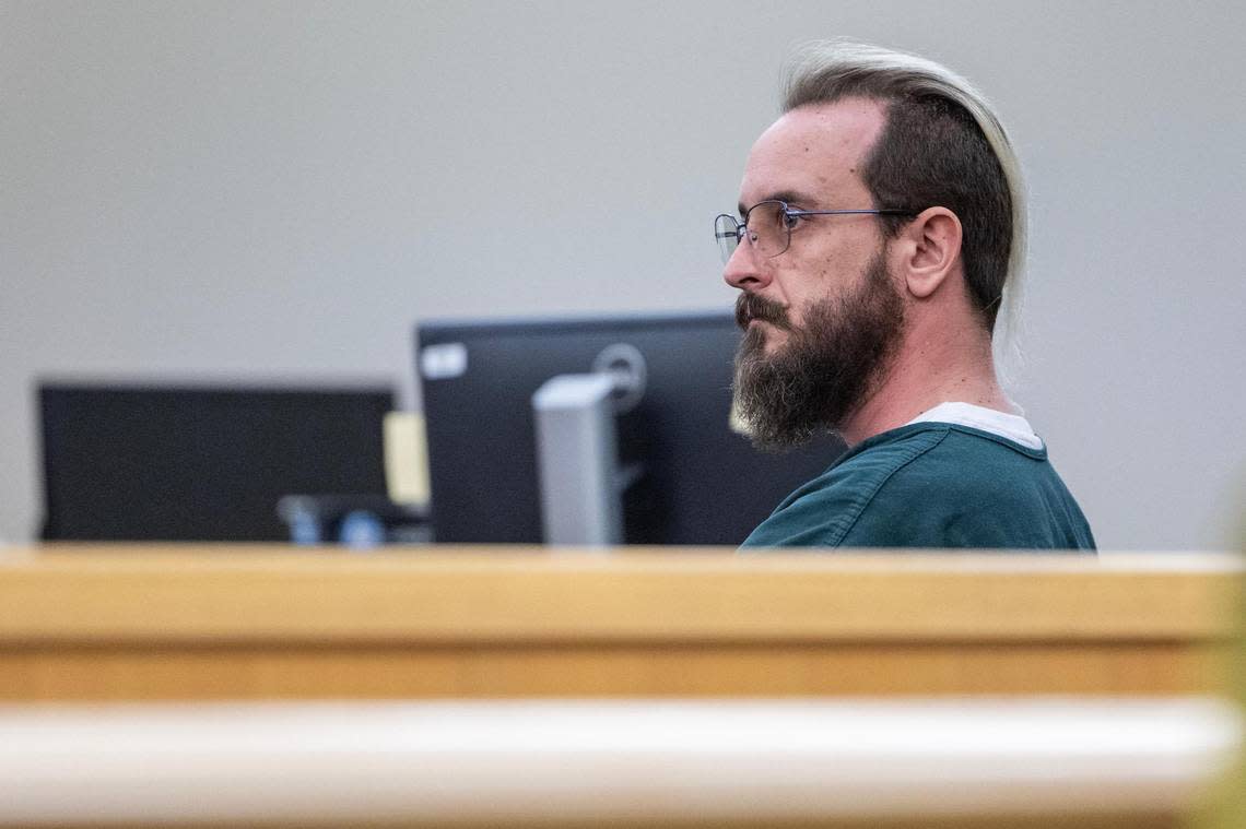 Defendant Nathaniel Rowland arrives in the courtroom for a bond reduction hearing in the 372nd District Court in Tarrant County at the Tim Curry Criminal Justice Center in Fort Worth on Thursday, March 21, 2024. Rowland is charged with murder in the death of his wife, Elizabeth Rowland, on Feb. 23, at the couple’s home in the 1200 block of Camden Yard Drive.