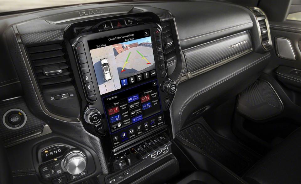 <p>Arguably the most eye-opening feature of the 2019 Ram 1500’s interior is its available 12.0-inch touchscreen Uconnect 4 infotainment system. Available on high-end Laramie, Longhorn, and Limited trims, the massive, vertically oriented screen includes a navigation system and Android Auto and Apple CarPlay compatibility, and it is capable of displaying information in full- or split-screen formats.</p>