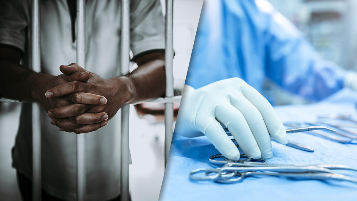 Side-by-side images of hands reaching through jail-cell bars clasped and a gloved hand in a hospital setting picking up medical instruments.