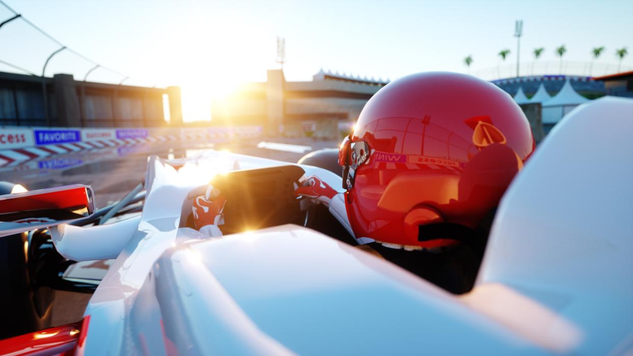 Racer of formula 1 in a racing car. Race and motivation concept. Wonderfull sunset. 3d rendering. - Credit: 3D motion/Adobe Stock