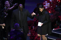 Vanessa Bryant is helped off stage by Michael Jordan during the "Celebration of Life for Kobe and Gianna Bryant" at Staples Center on February 24, 2020 in Los Angeles, California. (Photo by Kevork Djansezian/Getty Images)