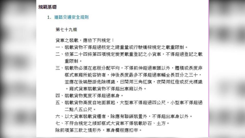 《道路交通管理處罰條例》中有特別規範裝載貨物的規定。（圖／翻攝自監理法規）