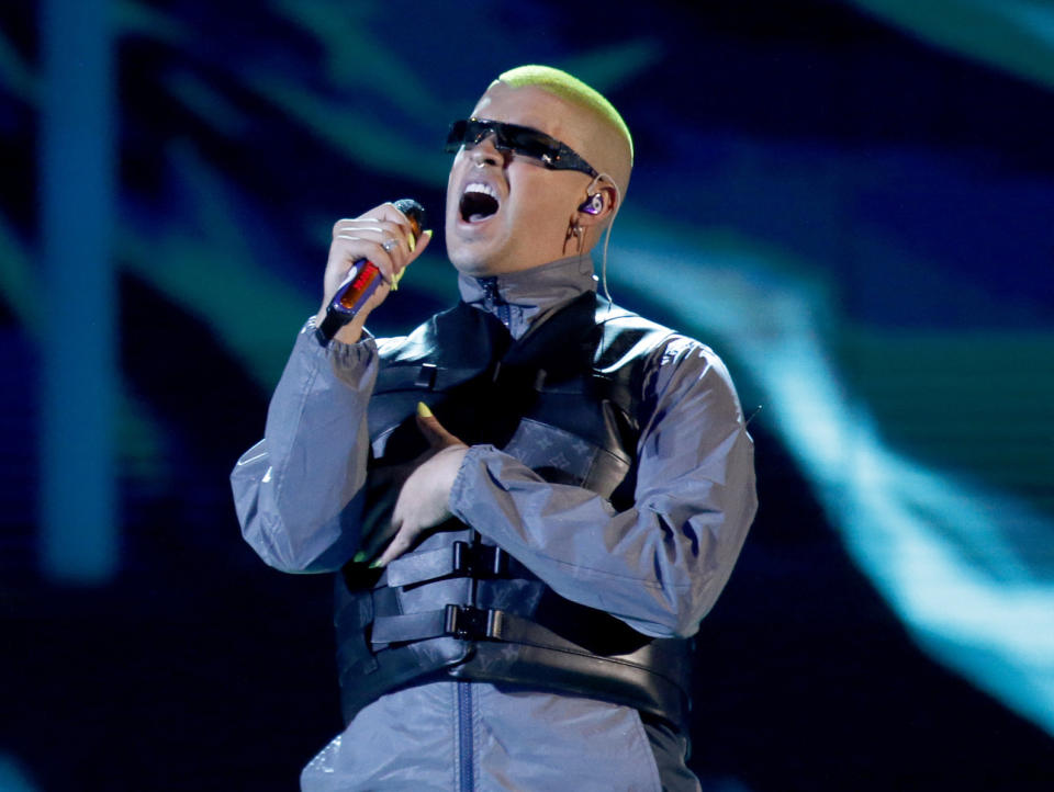 FILE - Bad Bunny performs a medley at the Billboard Latin Music Awards in Las Vegas on April 25, 2019. Bad Bunny received nine nominations at the 2020 Latin Grammys, which will air live on Nov. 19 on Univision. (Photo by Eric Jamison/Invision/AP, File)