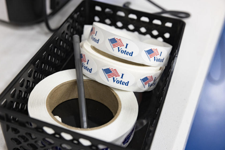  Rolls of “I voted” stickers at the Michael O. Buchanon park voting location in Bowling Green, May 21, 2024. (Kentucky Lantern photo by Austin Anthony)