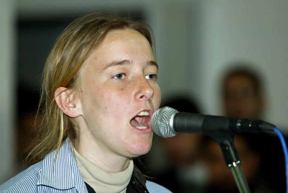 Corrie speaking at a mock trial of US President George W Bush in the Rafah refugee camp in the Gaza Strip in March 2003 (Getty Images)