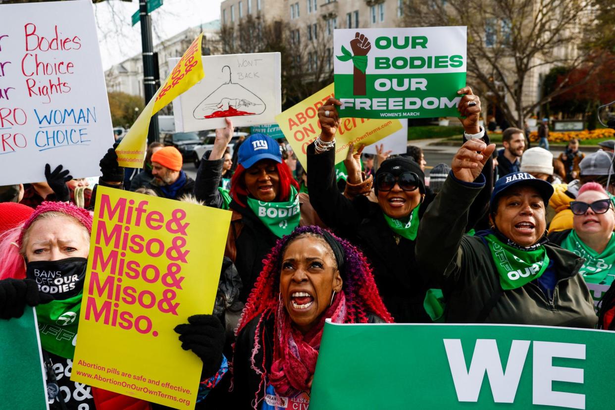 <span>Abortion rights supporters protest outside the supreme court in March. The fall of Roe v Wade mobilized Democrats, especially women and young people.</span><span>Photograph: Evelyn Hockstein/Reuters</span>