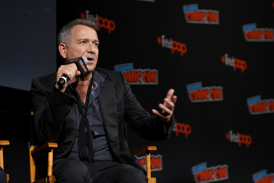 Sean Pertwee speaks onstage at the Gotham Special Video Presentation and Q&A during New York Comic Con in The Hulu Theater at Madison Square Garden on October 7, 2018 in New York City.  (Photo by Andrew Toth/Getty Images for New York Comic Con)