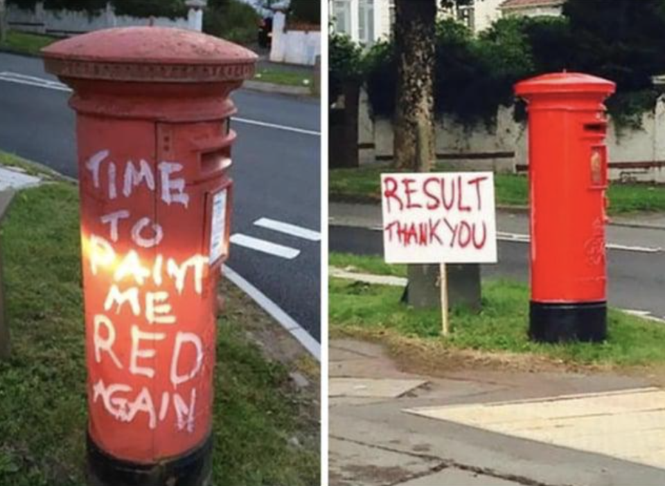 Two images: a red post box with "TIME TO PAINT ME RED AGAIN" and another with "RESULT THANK YOU" sign after repaint