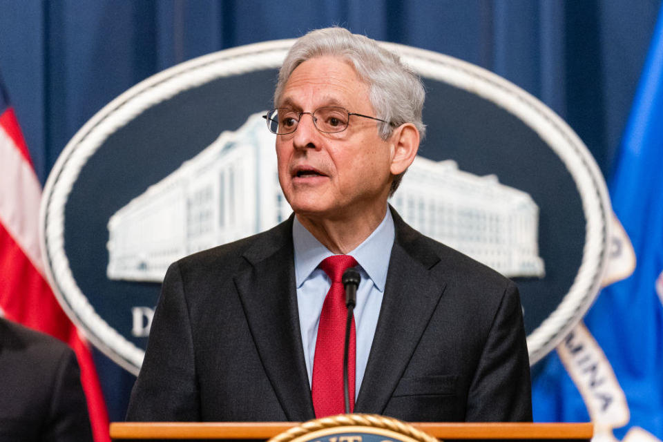 Attorney General Merrick Garland speaks during a news conference at the Department of Justice in Washington, D.C., on Tuesday, May 2, 2023.  / Credit: Eric Lee/Bloomberg via Getty Images