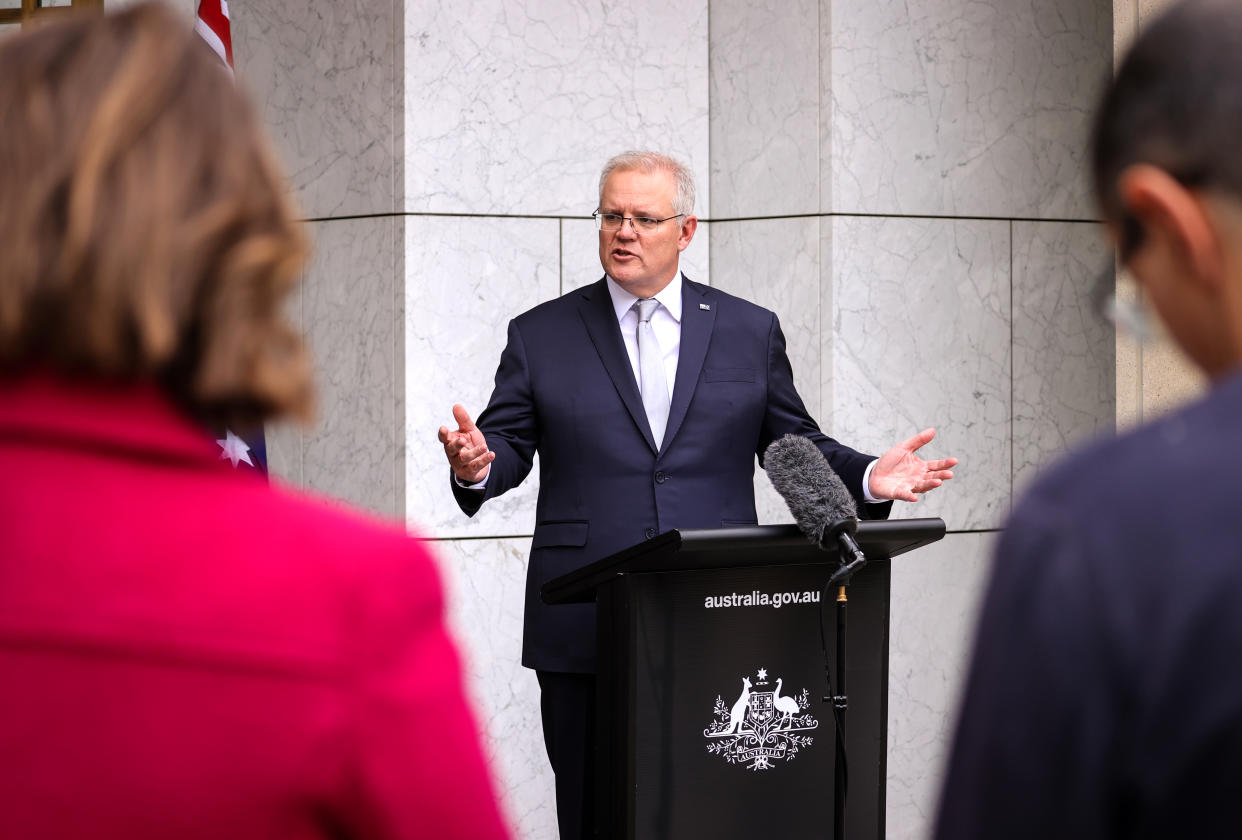 CANBERRA, AUSTRALIA - SEPTEMBER 4: Australian Prime Minister Scott Morrison speaks during a media conference at Parliament House on September 4, 2020 in Canberra, Australia. State and Territory leaders met today for the National Cabinet Meeting to discuss alternatives for state border closures and caps on international arrivals in response to the COVID-19 pandemic. (Photo by David Gray/Getty Images)