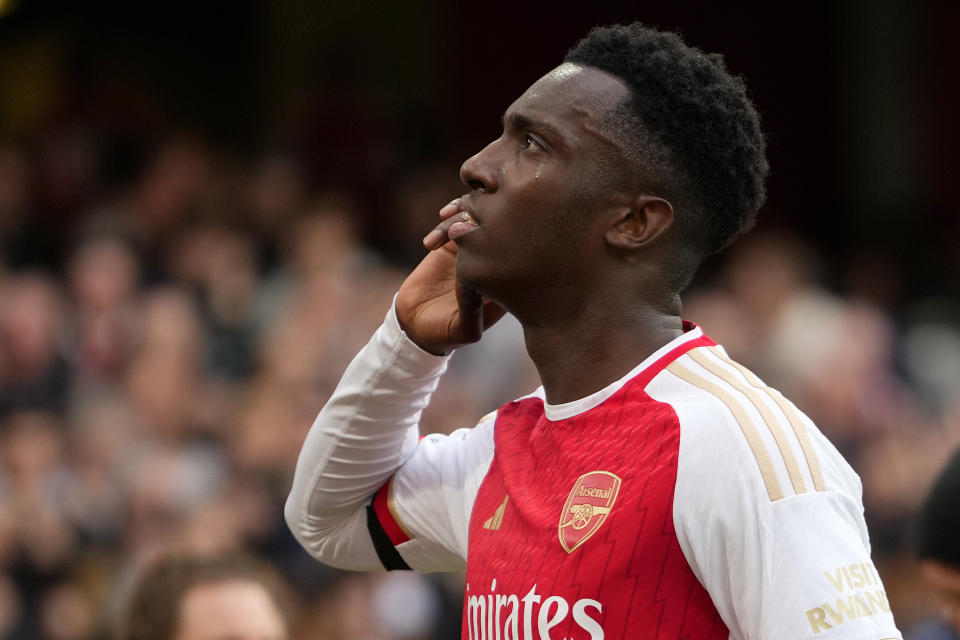 Arsenal's Eddie Nketiah celebrates scoring his side's first goal during the English Premier League soccer match between Arsenal and Sheffield United at Emirates Stadium in London, Saturday, Oct. 28, 2023.(AP Photo/Kirsty Wigglesworth)