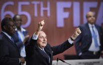 FIFA President Sepp Blatter after being re-elected following a vote to decide on the FIFA presidency in Zurich on May 29, 2015