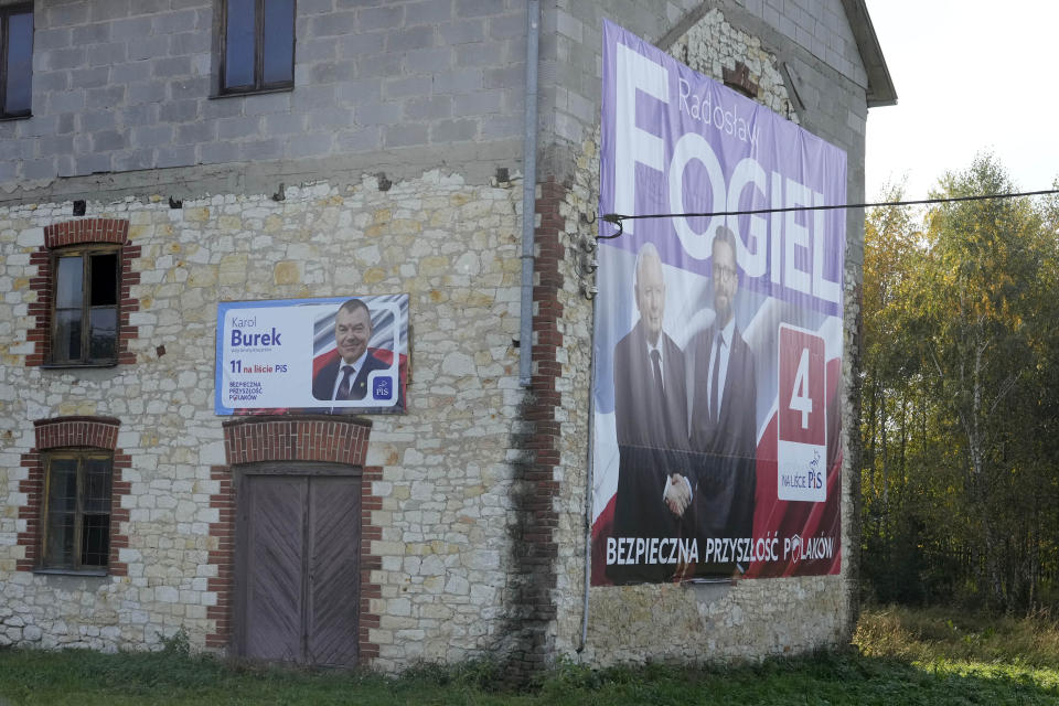 Campaign posters of ruling conservative PiS (Law and Justice) party candidates running Sunday in Poland's crucial parliamentary elections are displayed in Nowa Wies, Poland, Friday, Oct. 13, 2023. At stake in the vote are the health of the nation's democracy, strained under the Law and Justice rule, and the foreign alliances of a country on NATO's eastern flank that has been a crucial ally. The main challenger is centrist Civic Coalition. (AP Photo/Czarek Sokolowski)