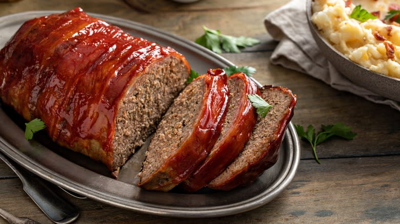 Glazed meatloaf sliced on plate