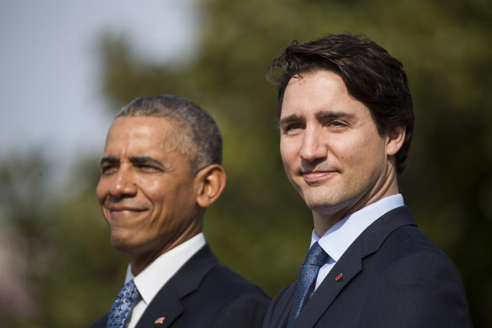 U.S. President Barack Obama welcomes Canadian Prime Minister Justin Trudeau during an arrival ceremony on the South Lawn of the White House.