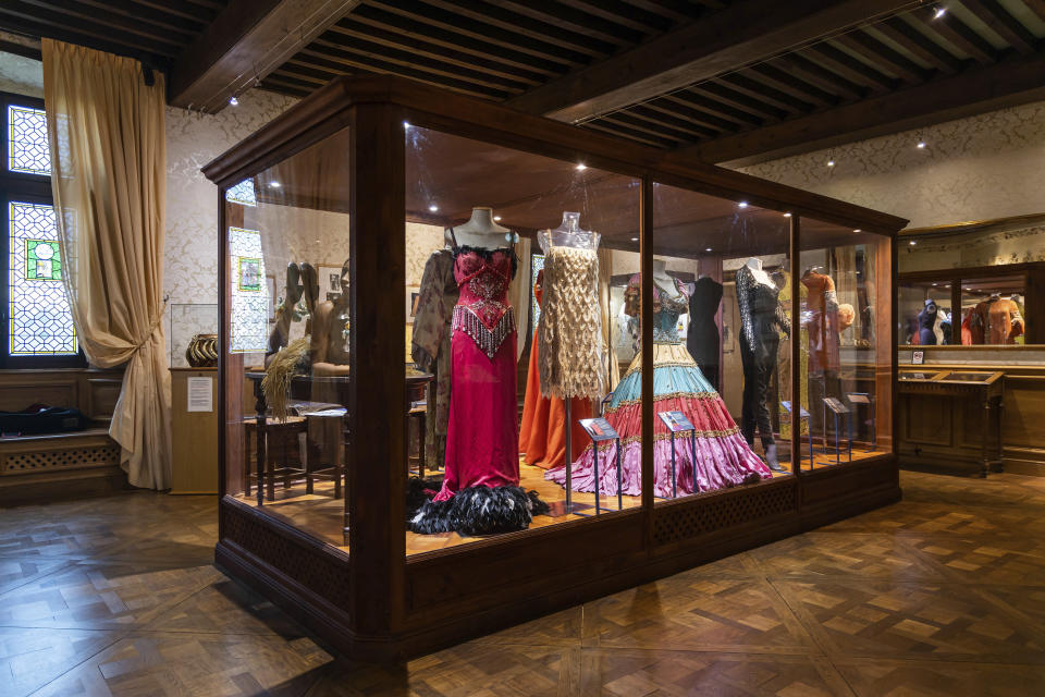 Dresses that belonged to Josephine Baker are displayed in the Chateau des Milandes, Josephine Baker's former house, in Castelnaud-la-Chapelle, central France, Thursday, Nov. 11, 2021. France is inducting Josephine Baker – Missouri-born cabaret dancer, French Resistance fighter and civil rights leader – into its Pantheon, the first Black woman honored in the final resting place of France's most revered luminaries. (AP Photo/Yohan Bonnet)