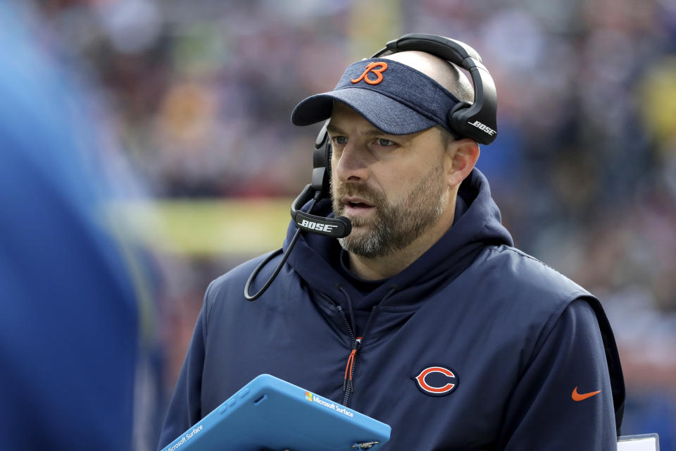 Chicago Bears head coach Matt Nagy watches the action from the sidelines during the first half of an NFL football game against the Green Bay Packers Sunday, Dec. 16, 2018, in Chicago. (AP Photo/Nam Y. Huh)