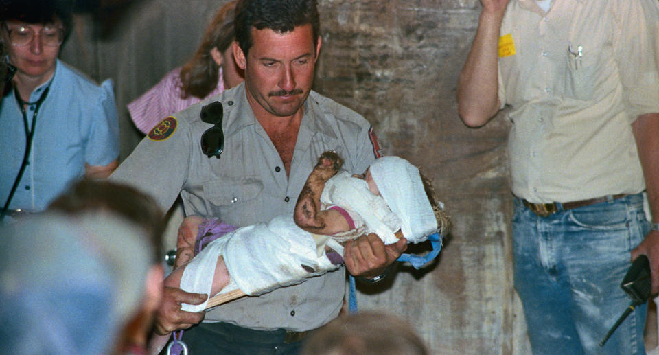 Baby Jessica McClure is rescued from a well in on October 16, 1987