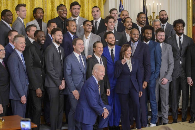 Former assistant coach Dejan Milojevic (top center) visited the White House in 2023 with the Golden State Warriors to celebrate their 2022 title. File Photo by Bonnie Cash/UPI