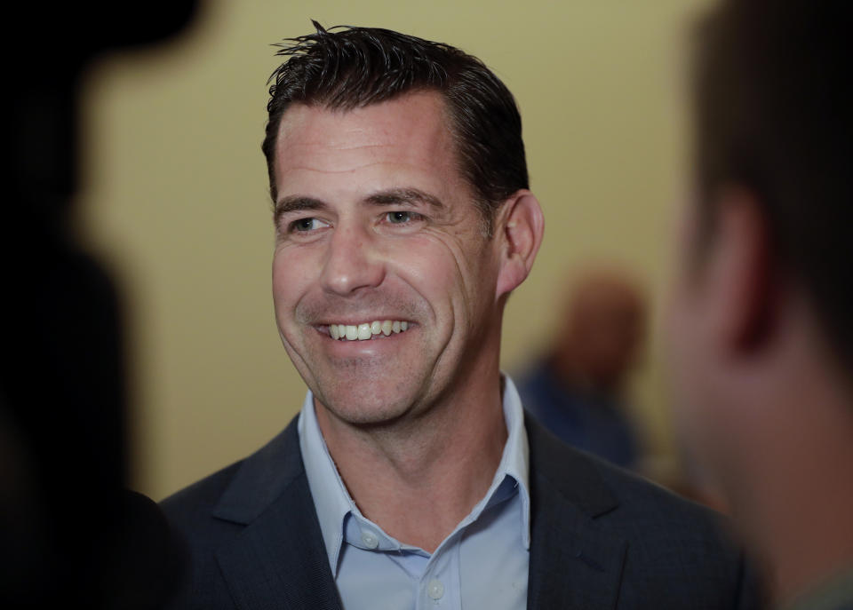 New York Mets general manager Brodie Van Wagenen speaks to reporters during the baseball GM meetings Wednesday, Nov. 7, 2018, in Carlsbad, Calif. (AP Photo/Gregory Bull)