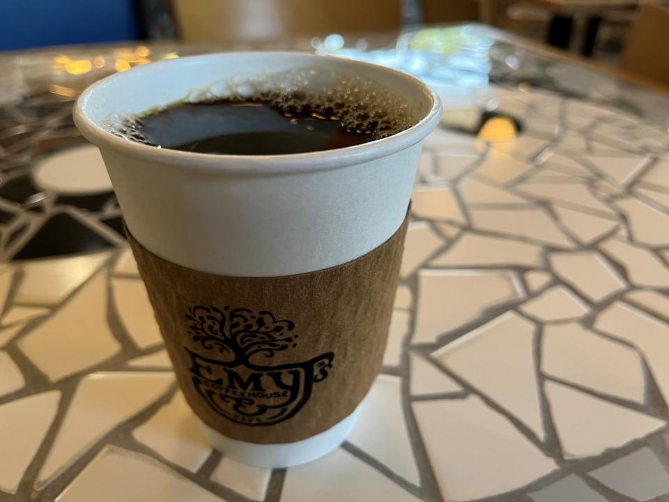 A black coffee from Emy J's in Stevens Point.