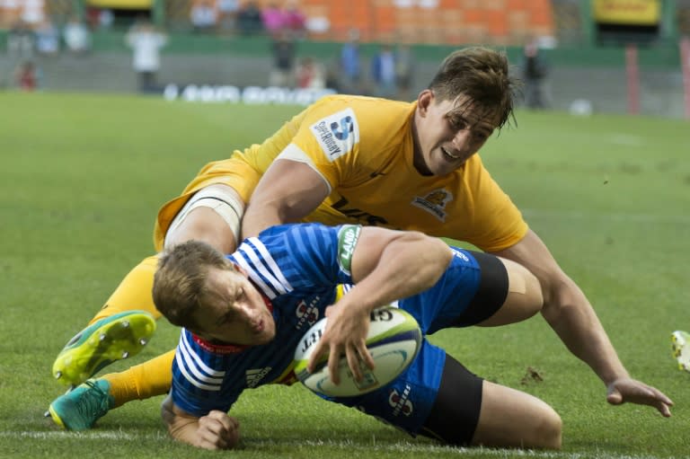 Stormers's SP Marais scores a try during their Super Rugby match against the Jaguares, at the Newlands Stadium in Cape Town, on March 4, 2017