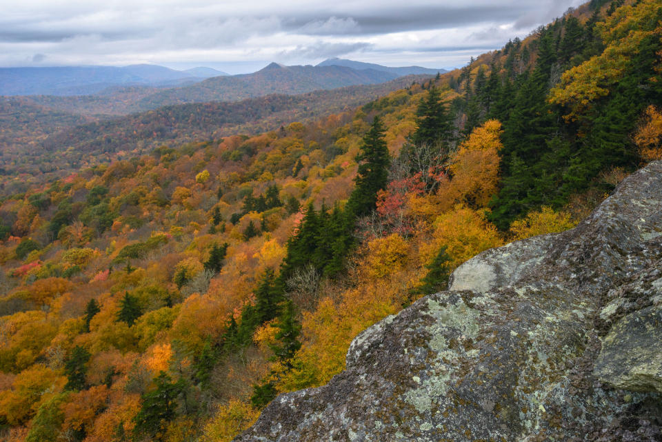 In this Oct. 19, 2013 photo provided by Grandfather Mountain changing leaves provide a frame for Cliffside Overlook on Grandfather Mountain in Linville, N.C. While colors in the northern, higher elevations of South Carolina are still emerging, trees are exploding with color at the upper elevations in western North Carolina. (AP Photo/Grandfather Mountain, Skip Sickler)