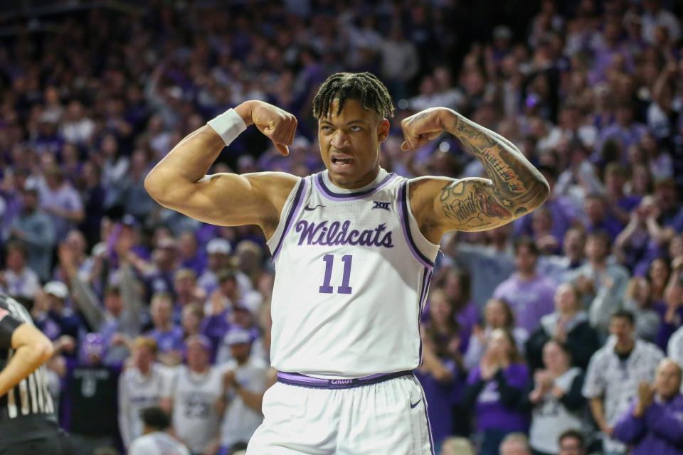 Kansas State forward Keyontae Johnson (11) flexes after a basket during Tuesday night's 75-65 Wildcat victory over Baylor at Bramlage Coliseum.