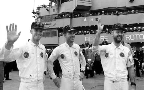 Rusty Schweickart, David R. Scott and James McDivitt, following their mission  - Credit: Nasa&nbsp;