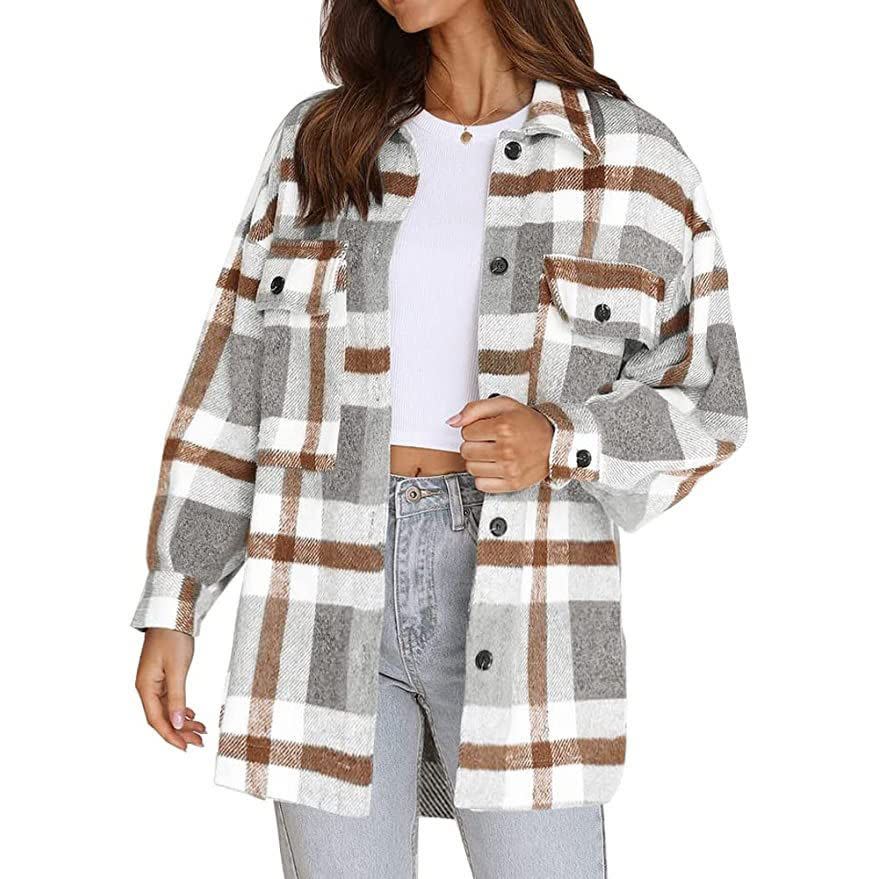 19) Brushed Plaid Long Sleeve Button Down Jacket