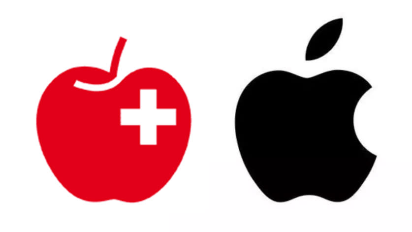  logo of a red apple with a white cross on it, logo of a black apple with a bite out of it 