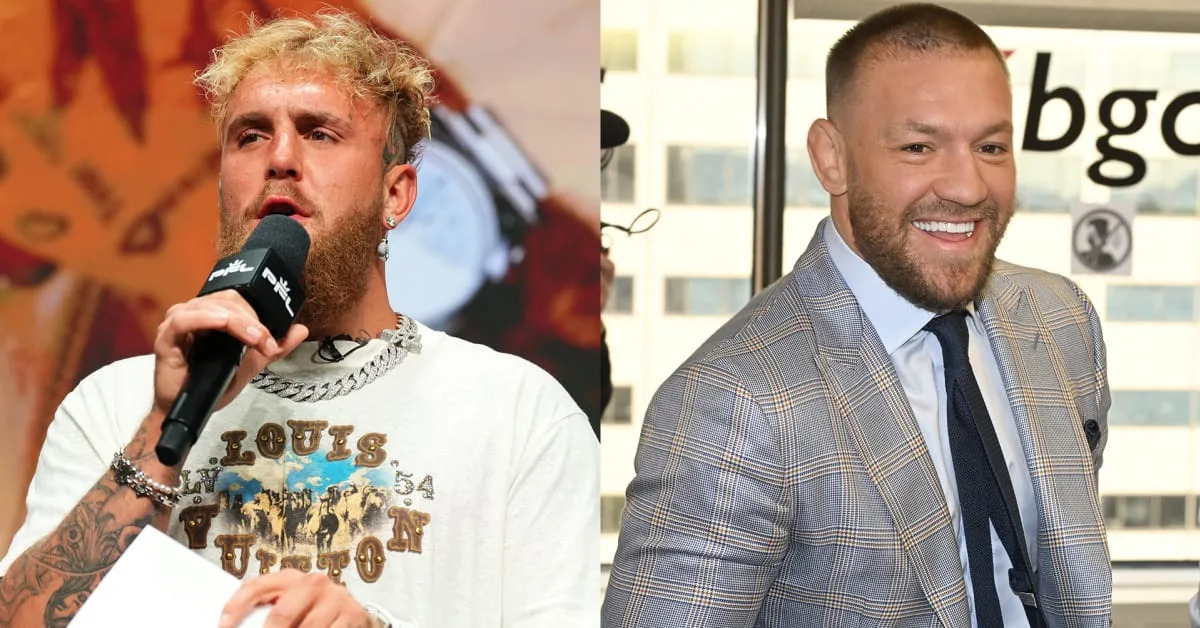 <span>Jake Paul at the Battle of the Giants press conference, and Connor McGregor at Charity Day 2024.</span>