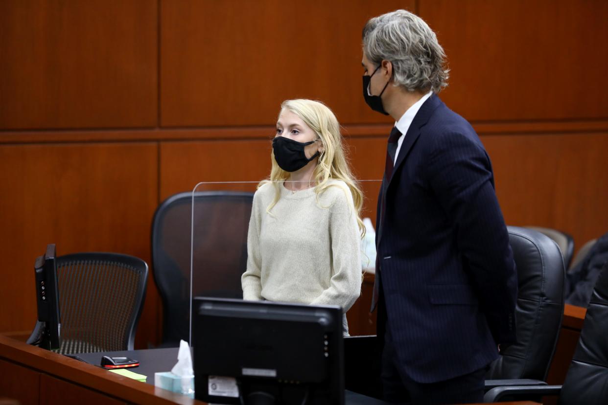 Skylar Richardson stands to address the court during a probation hearing Nov. 17, 2020, in Lebanon, Ohio. Richardson was found guilty of gross abuse of a corpse in 2019 and her record was sealed Monday.