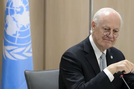 U.N. mediator on Syria Staffan de Mistura attends a meeting with the Syrian opposition High Negotiations Committee (HNC) during Syria peace talks at the United Nations in Geneva, Switzerland, April 15, 2016. REUTERS/Fabrice Coffrini/Pool