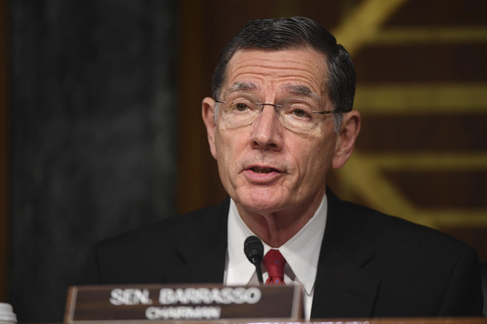 Chairman Sen. John Barrasso, R-Wy., speaks during a Senate Environment and Public Works Committee oversight hearing to examine the Environmental Protection Agency, Wednesday, May 20, 2020 on Capitol Hill in Washington. (Kevin Dietsch/Pool via AP)