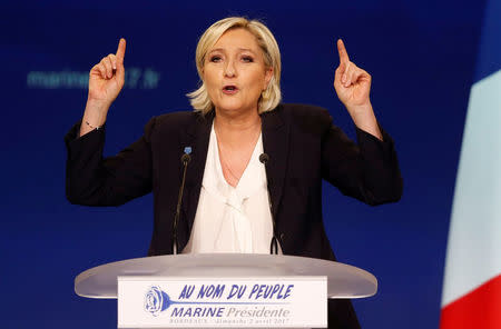 Marine Le Pen, French National Front (FN) political party leader and candidate for French 2017 presidential election, attends a political rally in Bordeaux, France, April 2, 2017. REUTERS/Regis Duvignau