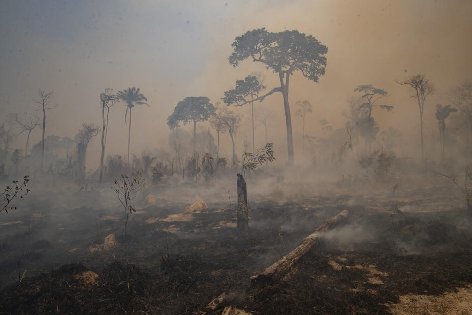 FILE - Fire consumes land recently deforested by cattle farmers near Novo Progresso, Para state, Brazil on Aug. 23, 2020. The frequency and duration of droughts will continue to increase due to human-caused climate change, with water scarcity already affecting billions of people across the world, the United Nations warned in a report Wednesday, May 11, 2022. (AP Photo/Andre Penner, File)