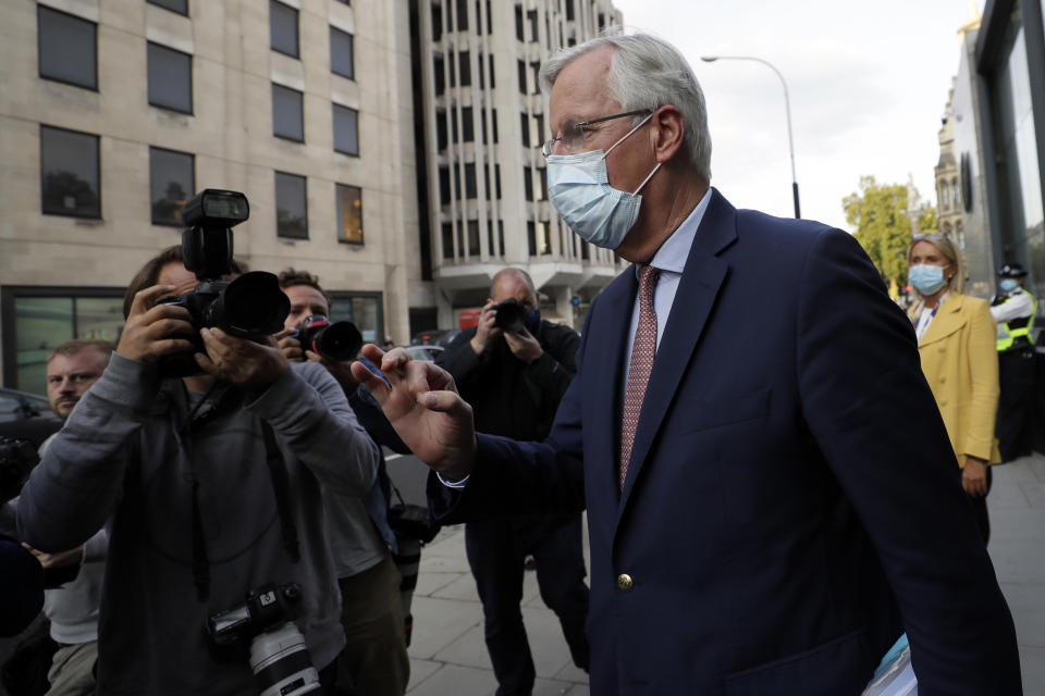 EU Chief negotiator Michel Barnier gestures as he leaves after a meeting at Westminster Conference Centre in London, Thursday, Sept. 10, 2020. UK and EU officials have their eighth round of Brexit negotiations in London. (AP Photo/Kirsty Wigglesworth)