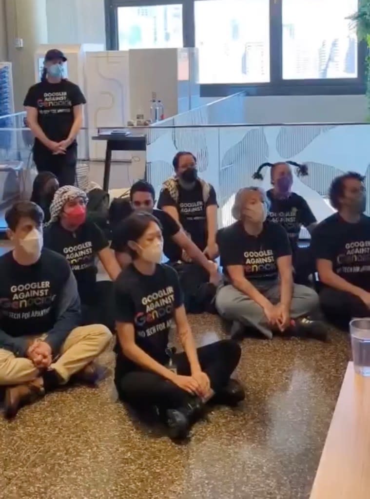 Google employees wore shirts denouncing their company for aiding Israel’s “genocide.” X/@NoTechApartheid