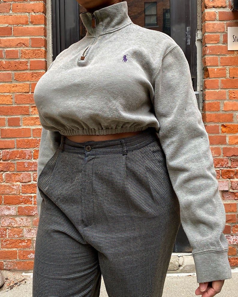 6) Vintage Re-Worked Crop Polo Pullover - Polo Ralph Lauren Re-Worked Tan Collared Crop Pullover 90s Vintage