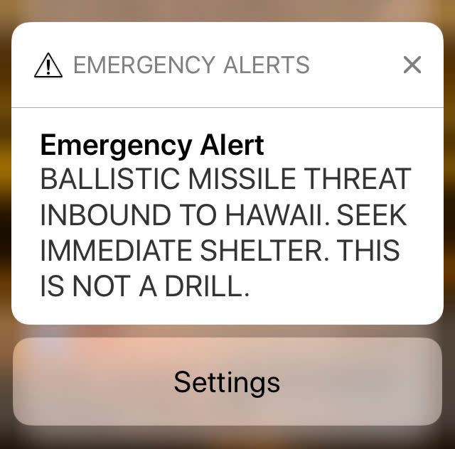 FILE - This Jan. 13, 2018 file smartphone screen capture shows a false incoming ballistic missile emergency alert sent from the Hawaii Emergency Management Agency system. The U.S. Department of Homeland Security's inspector general is recommending changes to the nation's emergency alert system after Hawaii officials in January mistakenly warned the public about an incoming ballistic missile. The report issued calls for mandating that software vendors include message preview and cancelling features in their alert software. It recommends requiring that software vendors provide training to officials using their products. (AP Photo/Caleb Jones, file)