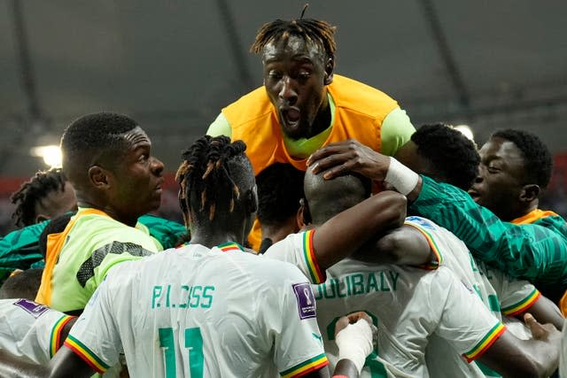 Senegal players celebrate against Ecuador