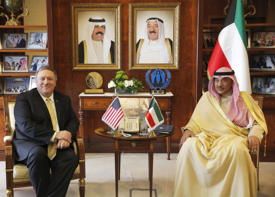 U.S. Secretary of State Mike Pompeo meets with Kuwait's Foreign Minister Sheikh Sabah Al-Khalid Al-Sabah in Kuwait, Wednesday, March 20, 2019. (Jim Young/Pool Photo via AP)