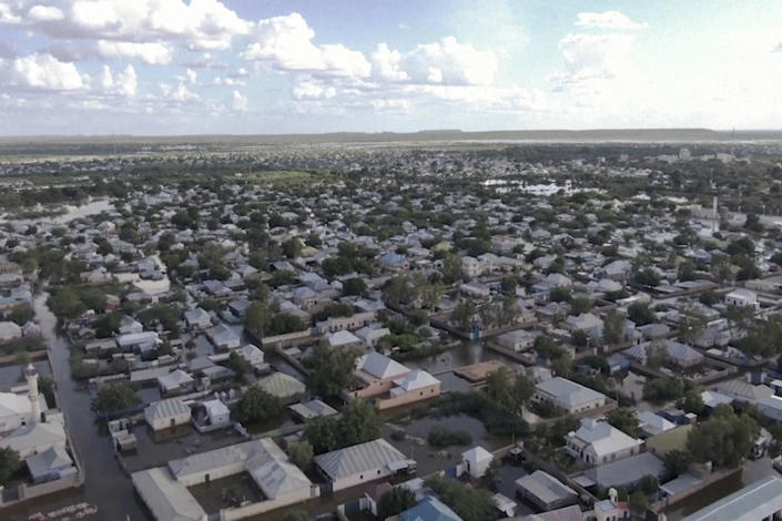 Flooded streets are seen from the air in the town of Beledweyne, in Somalia, Monday, May 15, 2023. Estimates from the UN Office for the Coordination of Humanitarian Affairs are that 460,000 people have been affected by flooding caused by heavy rains since mid-March. (AP Photo)