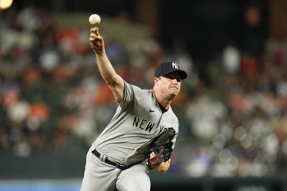 New York Yankees starting pitcher Gerrit Cole throws a pitch to the Baltimore Orioles during the second inning of a baseball game, Friday, July 28, 2023, in Baltimore. (AP Photo/Julio Cortez)