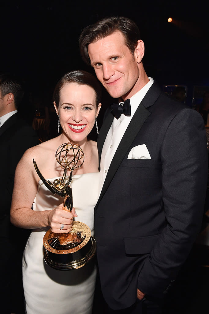 <p>Liz and Phil, at your service. Matt Smith helped<em> The Crown</em> co-star Claire Foy celebrate her win for Outstanding Lead Actress in a Drama Series at the Governors Ball. Photo: Frazer Harrison/FilmMagic </p>