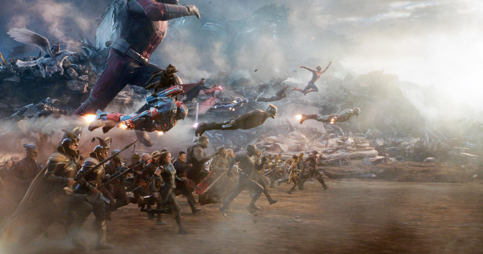 all the Avengers running to battle